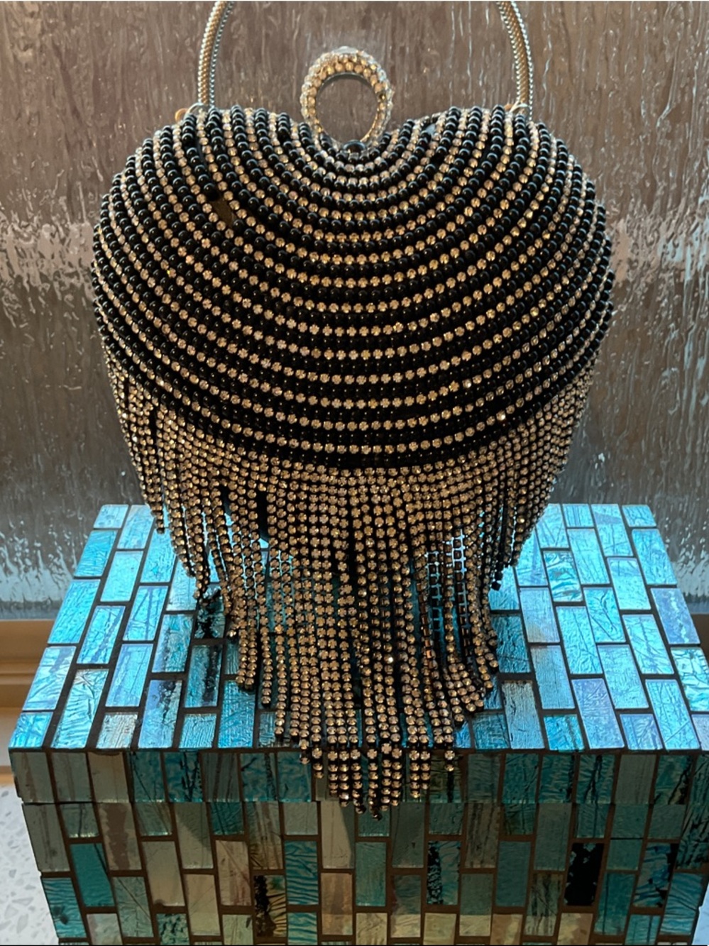 Black and Gold Crystal Fringe Evening Bag - Unbranded